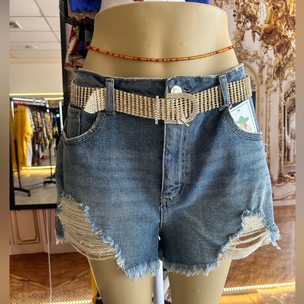 Distressed denim shorts